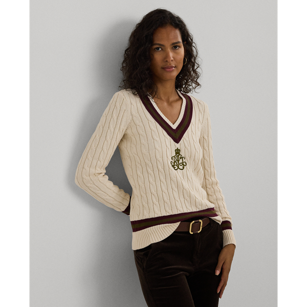 Lauren Petite Cable-knit Cotton Cricket Sweater In Cream/pinot Noir