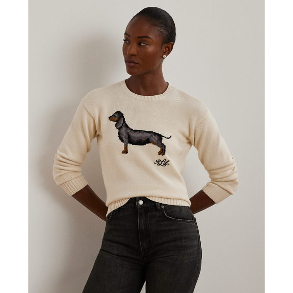 Lauren Petite Intarsia-knit Dachshund Cotton Sweater In Mascarpone Cream