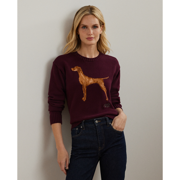 Lauren Petite Intarsia-knit Vizsla Cotton Sweater In Pinot Noir