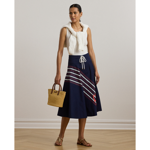 Lauren Petite Rope-print Twill Lace-up Midi Skirt In Refined Navy