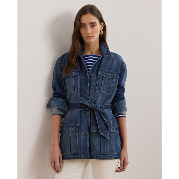 Lauren Petite Belted Denim Shirt Jacket In Marina Wash