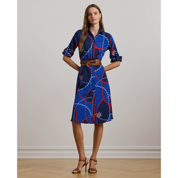 Shop Lauren Petite Rope-print Crepe Shirtdress In Blue Multi