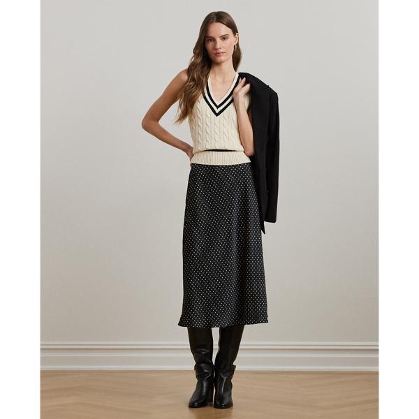 Lauren Petite Polka-dot Satin Charmeuse Midi Skirt In Black/cream