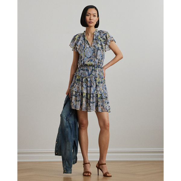 Shop Lauren Petite Floral Ruffle-trim Georgette Dress In Blue Multi