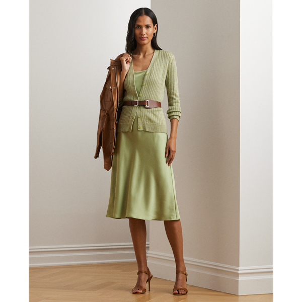 Lauren Petite Metallic Linen-blend Rib-knit Cardigan In Light Olive