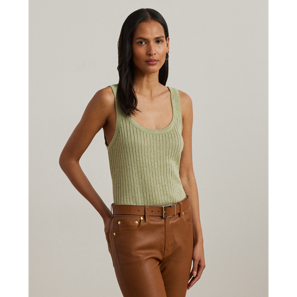 Lauren Petite Metallic Rib-knit Sweater Tank Top In Light Olive