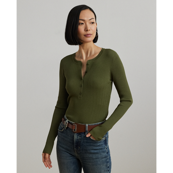 Lauren Petite Rib-knit Henley Sweater In Olive Grove