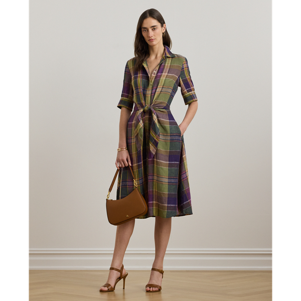 Lauren Petite Plaid Tie-front Linen Shirtdress In Purple/green Multi