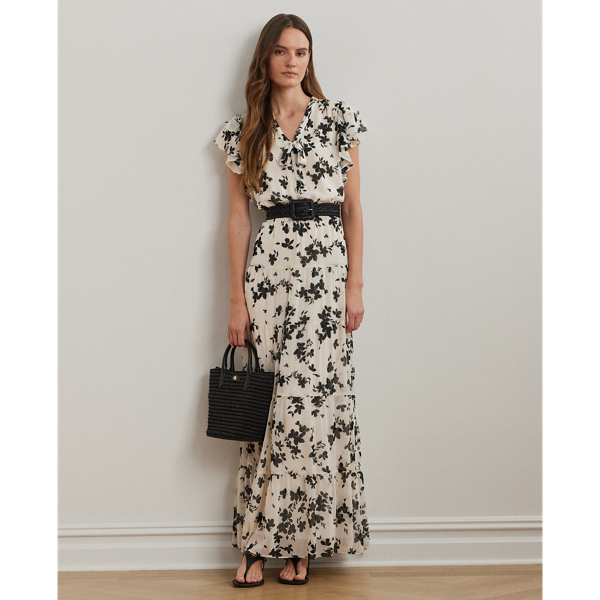 Shop Lauren Petite Floral Georgette Tie-neck Maxidress In Cream/black