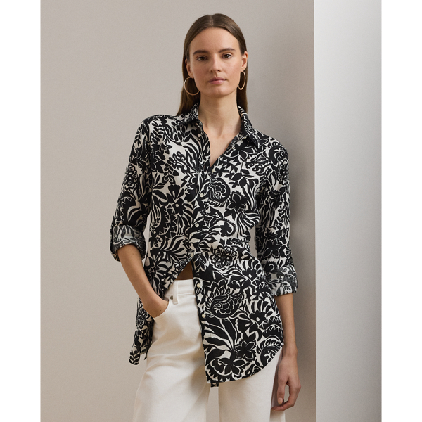 Lauren Petite Relaxed Fit Floral Linen Shirt In Cream/black