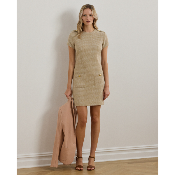 Lauren Petite Button-trim Bouclé Sheath Dress In Tan/cream Multi
