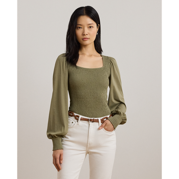 Shop Lauren Petite Smocked Jersey Blouson-sleeve Top In Sage Green