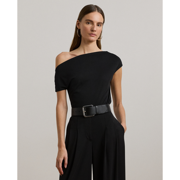 Lauren Petite Jersey Asymmetrical Off-the-shoulder Top In Black