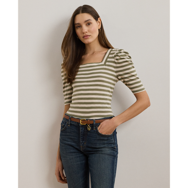 Shop Lauren Petite Striped Cotton Jersey Puff-sleeve Tee In Sage Green/cream
