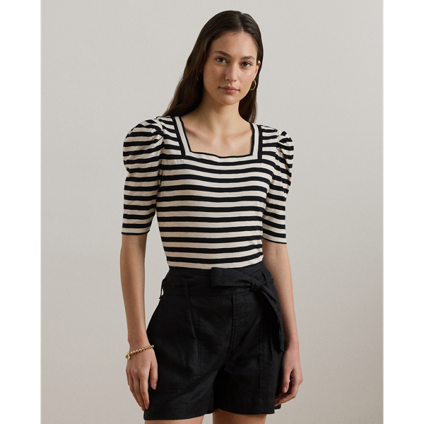 Shop Lauren Petite Striped Cotton Jersey Puff-sleeve Tee In Black/mascarpone Cream