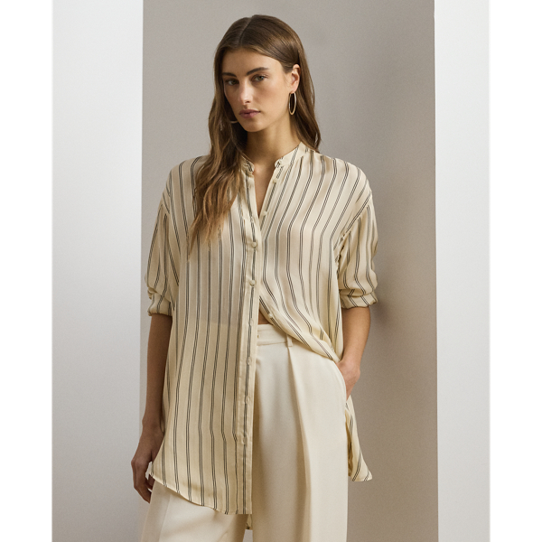 Lauren Petite Striped Jacquard Tunic Shirt In Ivory Beige/blue Multi