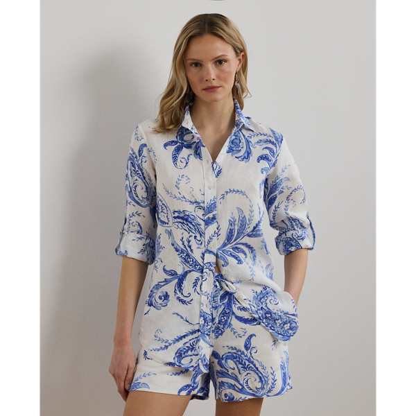 Lauren Petite Relaxed Fit Paisley Linen Shirt In White/blue