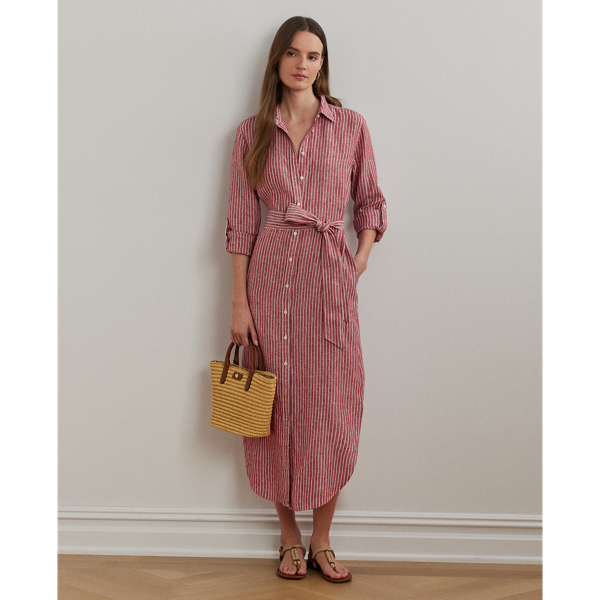 Lauren Petite Ralph Lauren Striped Linen Roll-tab-sleeve Shirtdress