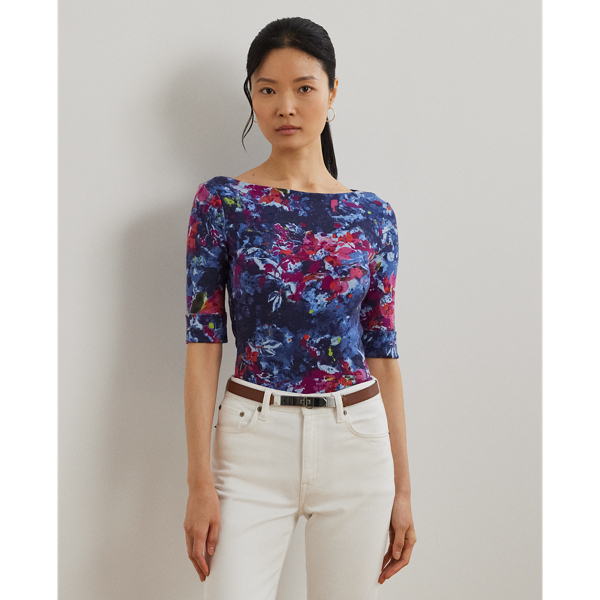 Lauren Petite Ralph Lauren Print Stretch Cotton Boatneck Tee