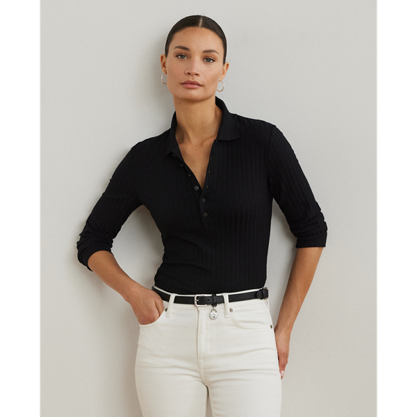 Lauren Petite Ralph Lauren Rib-knit Three-quarter-sleeve Polo Shirt