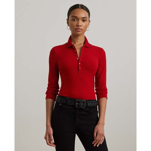 Lauren Petite Ralph Lauren Rib-knit Three-quarter-sleeve Polo Shirt