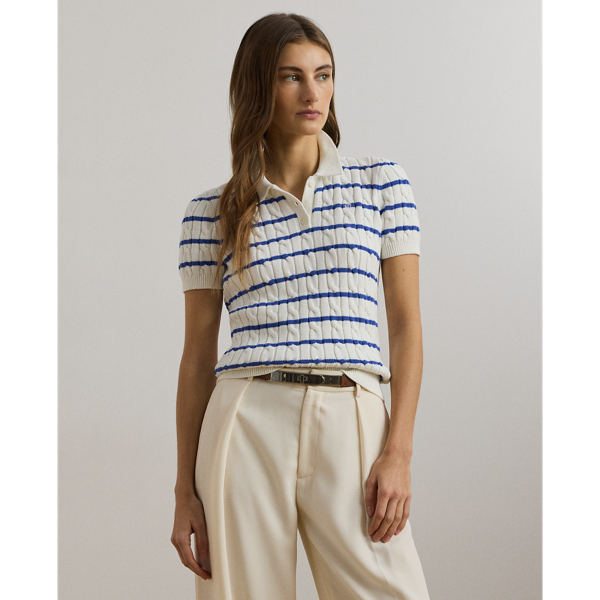 Lauren Petite Ralph Lauren Striped Cable-knit Cotton Polo Sweater
