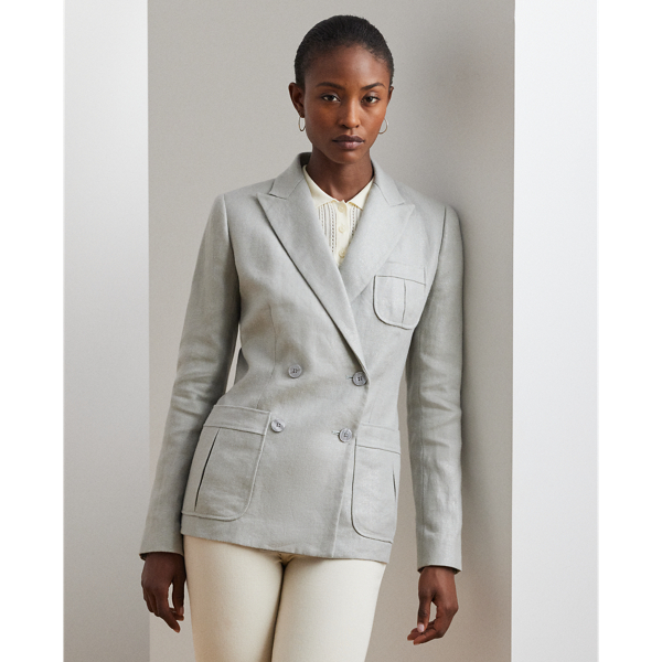 Lauren Petite Foiled Linen-cotton Blazer In Light Blue/silver Foil
