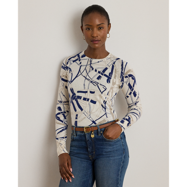 Lauren Petite Ralph Lauren Belting-print Cotton-blend Sweater In Multi