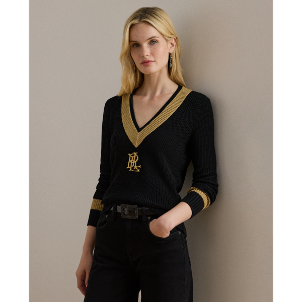 Lauren Petite Ralph Lauren Metallic-trim Cricket Sweater In Black