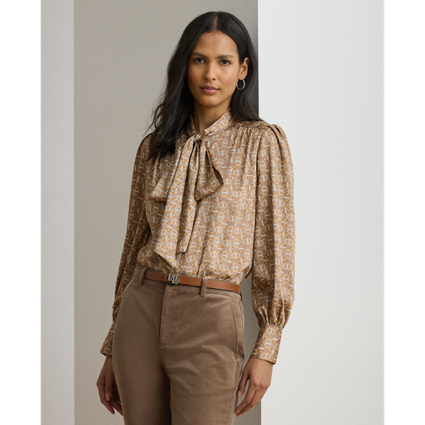 Lauren Petite Ralph Lauren Geo-print Twill Tie-neck Blouse In Multi