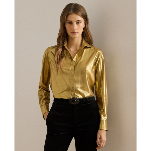 Lauren Petite Ralph Lauren Classic Fit Metallic Chiffon Shirt In Brown
