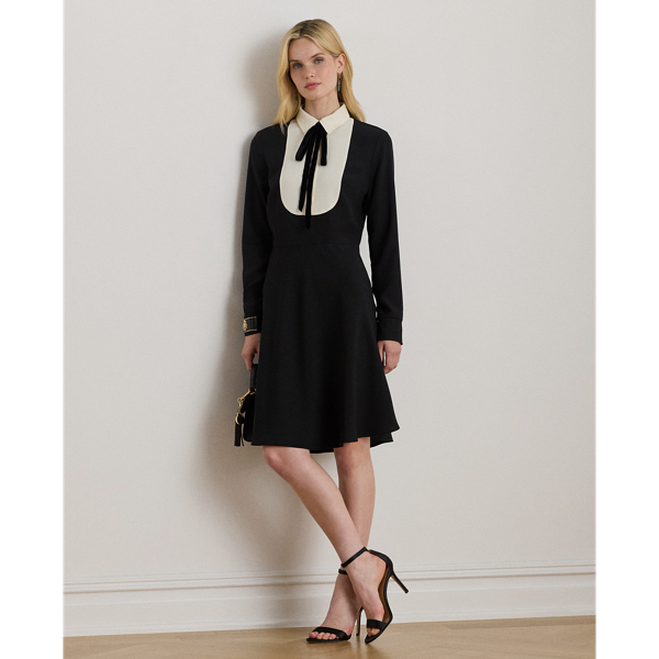 Lauren Petite Ralph Lauren Two-tone Georgette Tie-neck Dress In Black