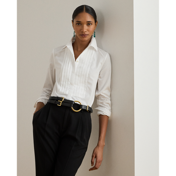 Lauren Petite Ralph Lauren Bib-front Cotton Broadcloth Shirt In White