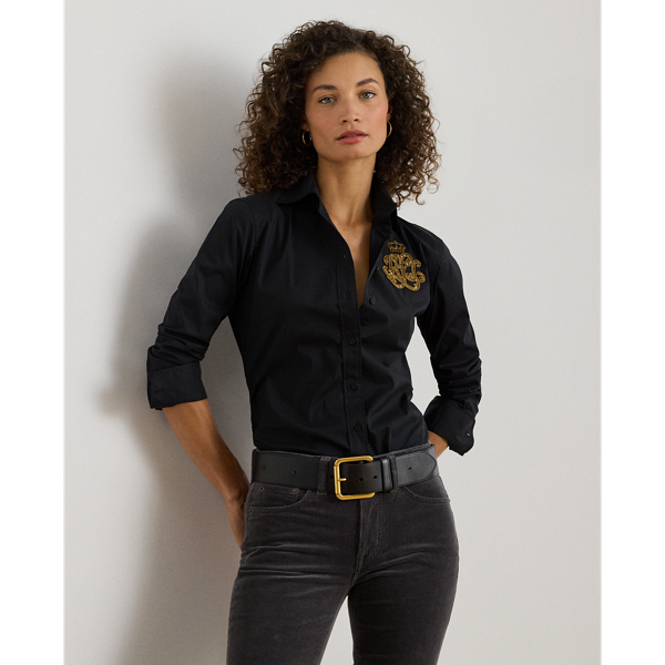 Lauren Petite Ralph Lauren Classic Fit Logo Cotton-blend Shirt In Black