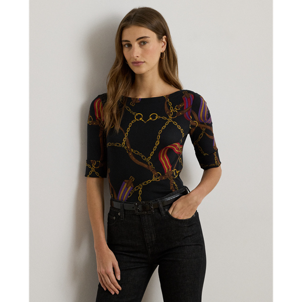 Lauren Petite Ralph Lauren Print Stretch Cotton Boatneck Tee In Multi