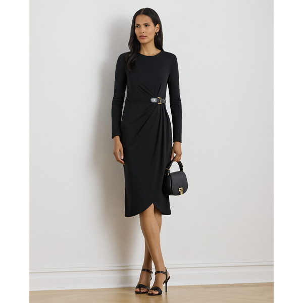 Lauren Petite Ralph Lauren Buckle-trim Stretch Jersey Dress In Black