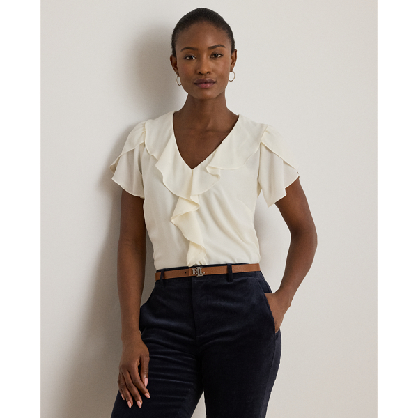 Lauren Petite Ralph Lauren Ruffle-trim Georgette Blouse In Brown