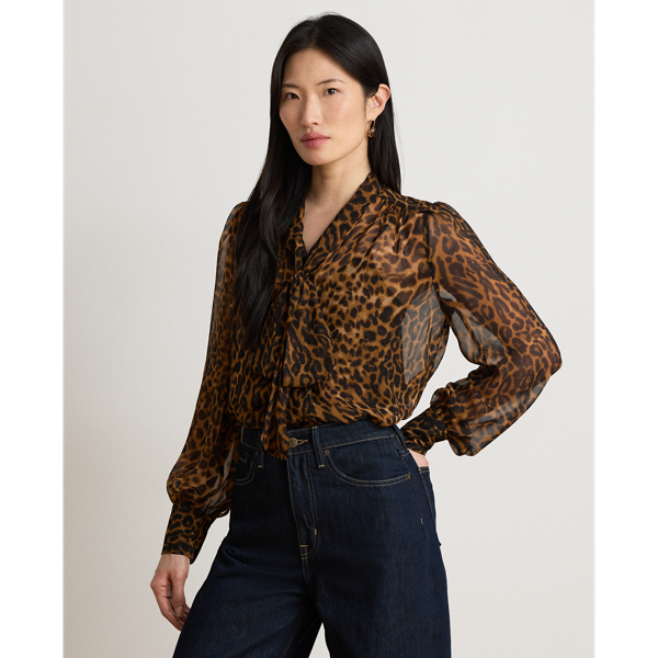 Ralph Lauren Ocelot-print Chiffon Tie-neck Blouse In Tan Multi