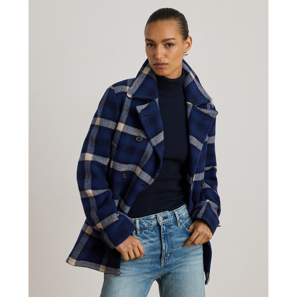 Lauren Petite Ralph Lauren Double-breasted Plaid Tweed Coat In Blue