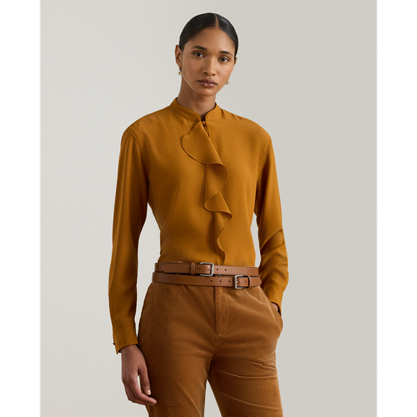 Lauren Petite Ralph Lauren Ruffle-trimmed Georgette Tunic In Yellow