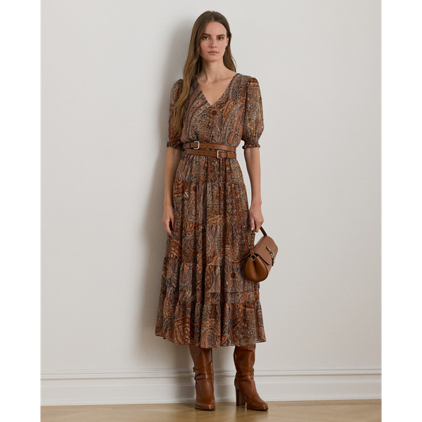 Lauren Petite Ralph Lauren Paisley Belted Crinkle Georgette Dress In Multi