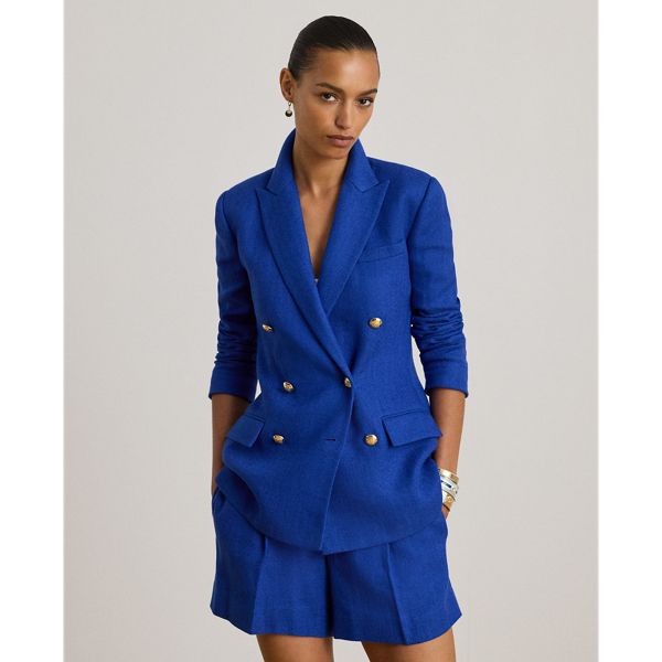 Lauren Petite Ralph Lauren Double-breasted Linen-cotton Blazer In Blue
