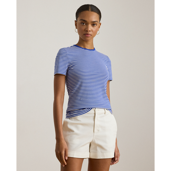 Lauren Petite Ralph Lauren Striped Stretch Cotton Crewneck Tee In Blue