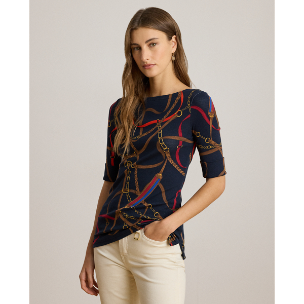Lauren Petite Ralph Lauren Belting-print Cotton Boatneck Tee In Multi