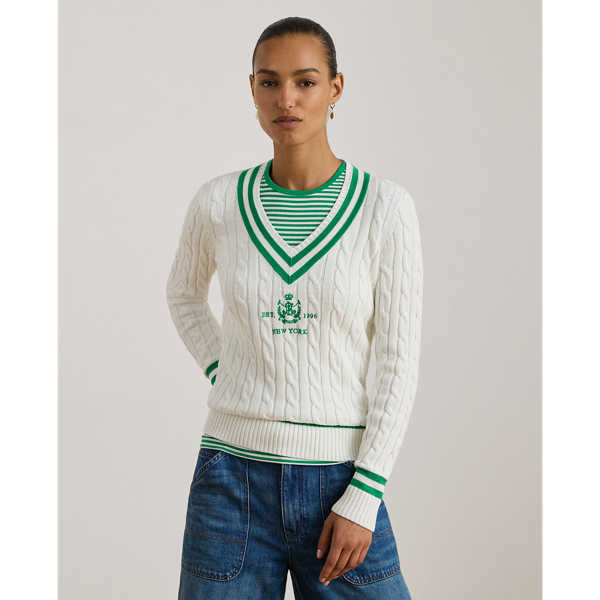 Ralph Lauren Cable-knit Cricket Sweater In White/stem