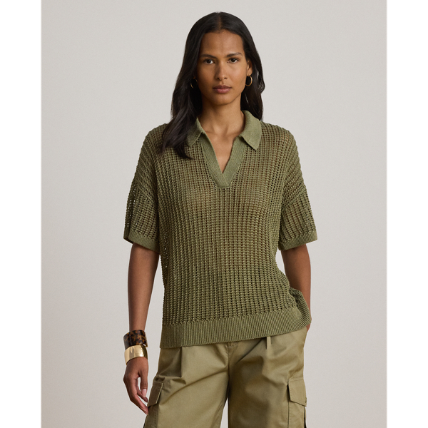 Ralph Lauren Linen-blend Mesh Short-sleeve Sweater In Light Agave In Green