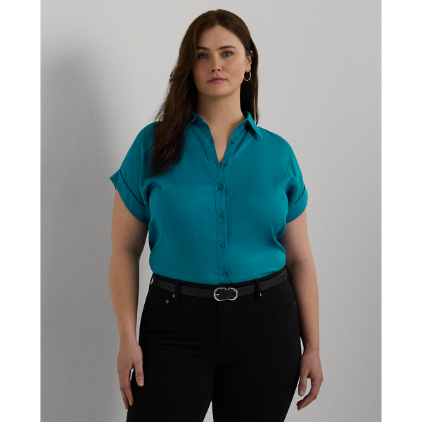 Lauren Woman Relaxed Fit Linen Short-sleeve Shirt In Turquoise Sky