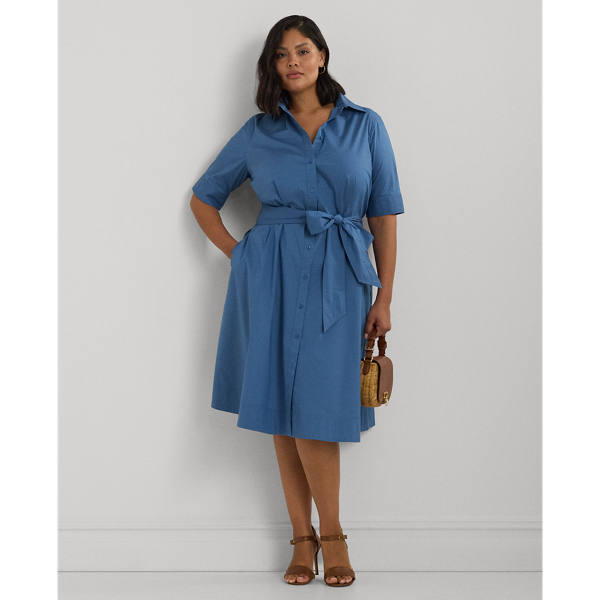 Lauren Woman Belted Cotton-blend Shirtdress In Pale Azure