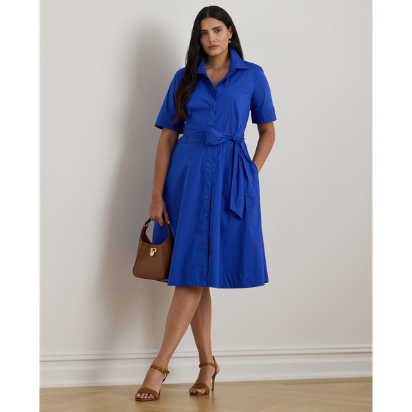 Lauren Woman Ralph Lauren Belted Cotton-blend Shirtdress In Blue