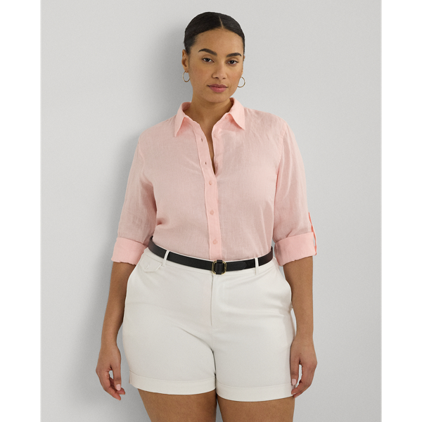 Shop Lauren Woman Relaxed Fit Linen Roll Tab-sleeve Shirt In Pink Opal